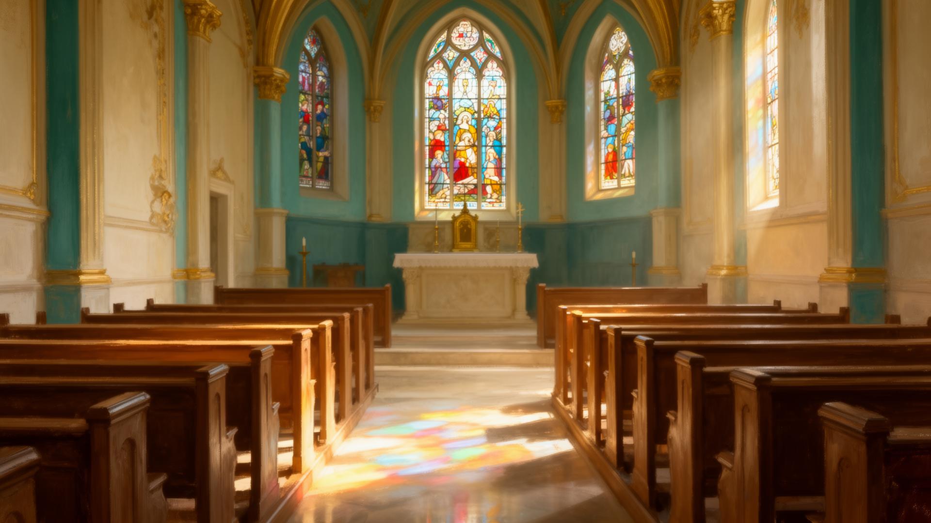 Sunlit chapel interior with stained-glass light spilling onto wooden pews — a peaceful invitation to thoughtful Bible study conversation with Hans Malan.